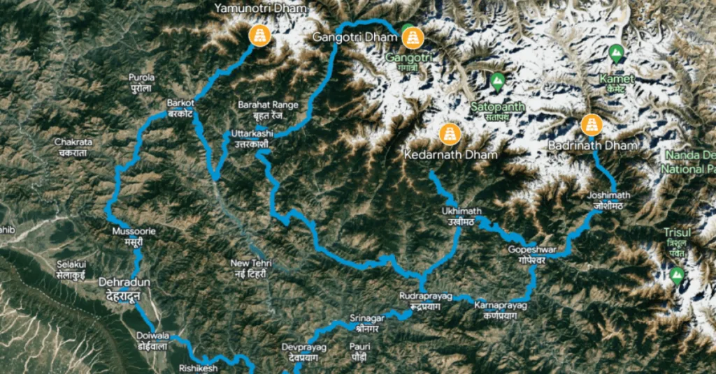 Yamunotri, Gangotri. Kedarnath. Badrinath map route of Chardham yatra.