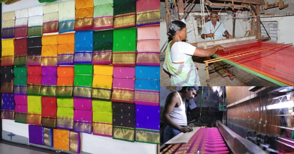 A vibrant Dharmavaram silk saree being woven on a traditional loom