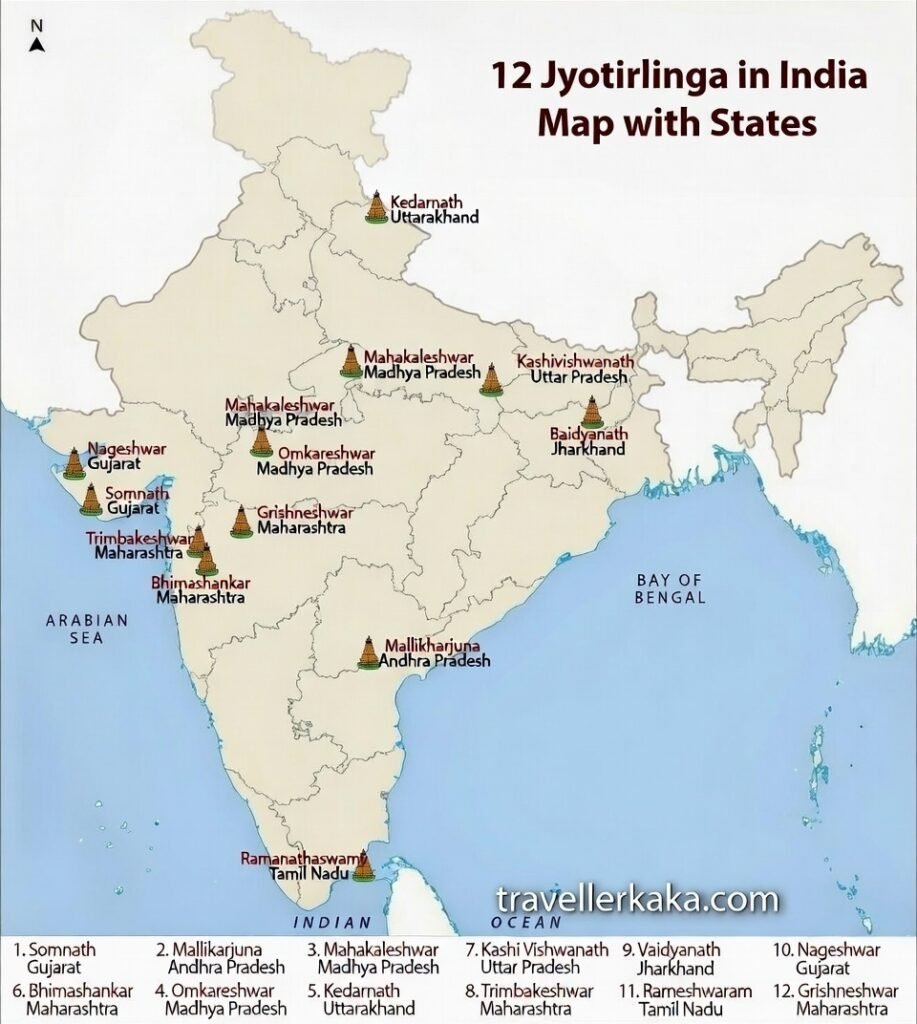 India map showing 12 Jyotirlinga locations state-wise